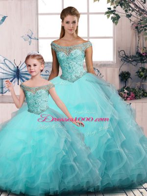 Edgy Floor Length Ball Gowns Sleeveless Aqua Blue Vestidos de Quinceanera Lace Up