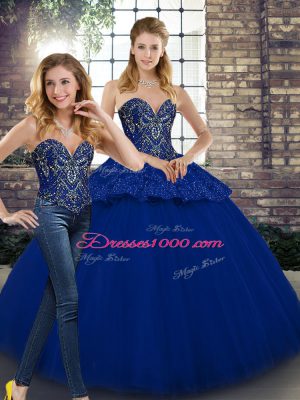 Custom Made Floor Length Royal Blue Sweet 16 Quinceanera Dress Tulle Sleeveless Beading and Appliques