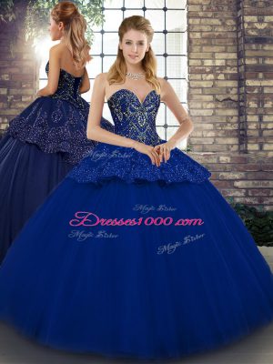 Custom Made Floor Length Royal Blue Sweet 16 Quinceanera Dress Tulle Sleeveless Beading and Appliques