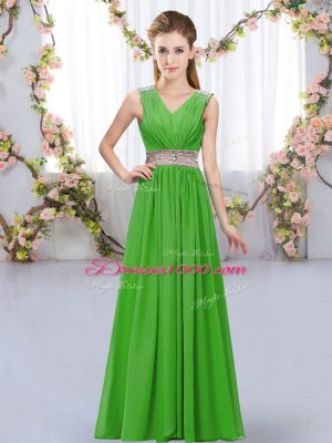 Elegant Sleeveless Lace Up Floor Length Beading and Belt Bridesmaids Dress