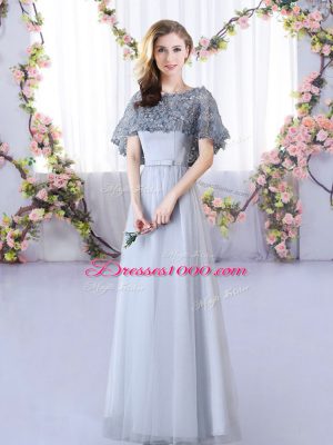 Fabulous Floor Length Grey Bridesmaid Dress Tulle Sleeveless Appliques