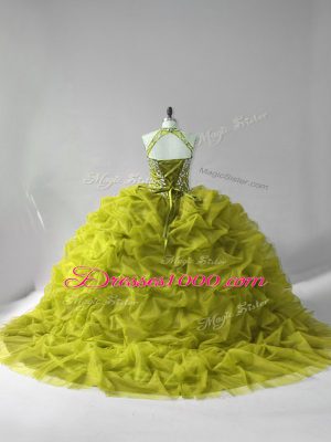 Comfortable Court Train Ball Gowns Quinceanera Gown Olive Green Halter Top Tulle Sleeveless Lace Up