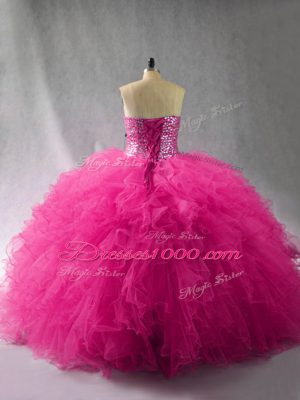 On Sale Fuchsia Ball Gowns Tulle Halter Top Sleeveless Beading and Ruffles Floor Length Lace Up Sweet 16 Dress