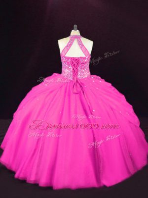 Hot Selling Hot Pink 15th Birthday Dress Sweet 16 and Quinceanera with Beading Halter Top Sleeveless Lace Up