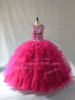 Custom Made Hot Pink Tulle Lace Up 15 Quinceanera Dress Sleeveless Beading