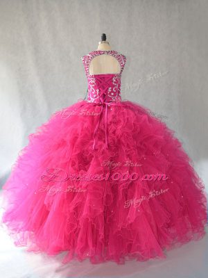 Custom Made Hot Pink Tulle Lace Up 15 Quinceanera Dress Sleeveless Beading