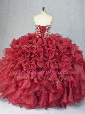 Fantastic Sleeveless Floor Length Beading and Ruffles Lace Up Quinceanera Gowns with Burgundy