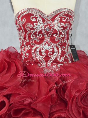 Fantastic Sleeveless Floor Length Beading and Ruffles Lace Up Quinceanera Gowns with Burgundy