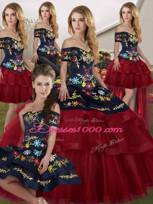 Custom Designed Wine Red Sleeveless Tulle Brush Train Lace Up 15 Quinceanera Dress for Military Ball and Sweet 16 and Quinceanera