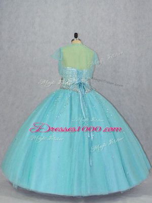 Aqua Blue Lace Up Sweet 16 Dresses Beading Sleeveless Floor Length