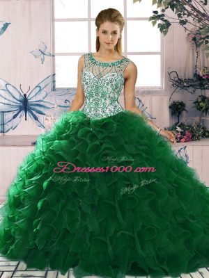 Floor Length Lace Up Sweet 16 Quinceanera Dress Dark Green for Military Ball and Sweet 16 and Quinceanera with Beading and Ruffles