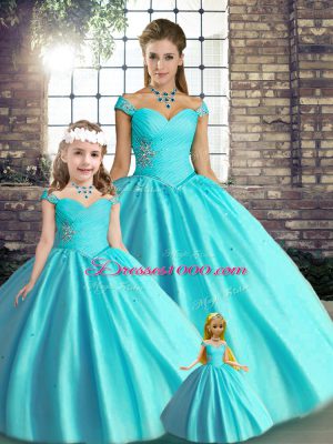 Clearance Floor Length Aqua Blue Quince Ball Gowns Off The Shoulder Sleeveless Lace Up