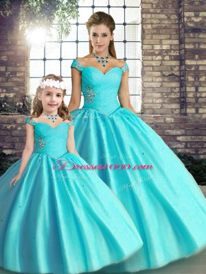 Clearance Floor Length Aqua Blue Quince Ball Gowns Off The Shoulder Sleeveless Lace Up