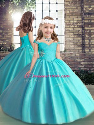 Clearance Floor Length Aqua Blue Quince Ball Gowns Off The Shoulder Sleeveless Lace Up