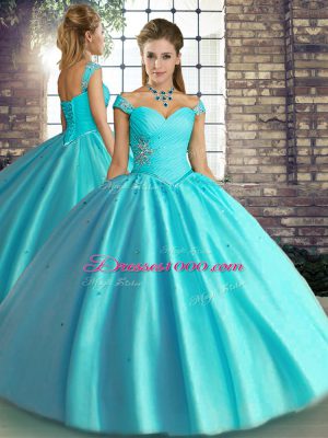 Clearance Floor Length Aqua Blue Quince Ball Gowns Off The Shoulder Sleeveless Lace Up