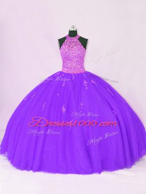 Top Selling Halter Top Sleeveless 15th Birthday Dress Floor Length Beading and Appliques Purple Organza