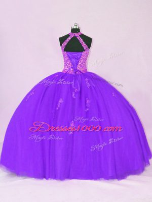 Top Selling Halter Top Sleeveless 15th Birthday Dress Floor Length Beading and Appliques Purple Organza