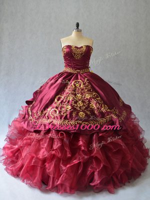 Modest Burgundy Lace Up Strapless Beading and Embroidery Sweet 16 Quinceanera Dress Organza Sleeveless Brush Train