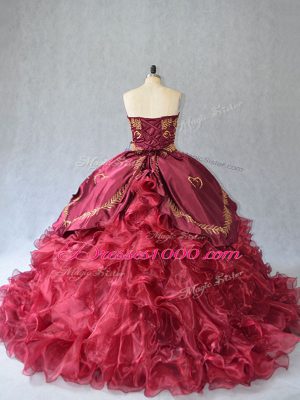 Modest Burgundy Lace Up Strapless Beading and Embroidery Sweet 16 Quinceanera Dress Organza Sleeveless Brush Train