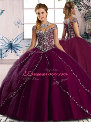 Smart Purple Ball Gowns Tulle Sweetheart Cap Sleeves Beading Lace Up Sweet 16 Dresses Brush Train