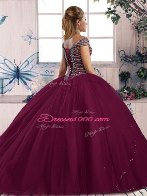 Smart Purple Ball Gowns Tulle Sweetheart Cap Sleeves Beading Lace Up Sweet 16 Dresses Brush Train