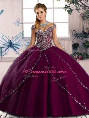 Smart Purple Ball Gowns Tulle Sweetheart Cap Sleeves Beading Lace Up Sweet 16 Dresses Brush Train