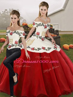 White And Red Lace Up Sweet 16 Quinceanera Dress Embroidery Sleeveless Floor Length