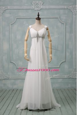 White Straps Lace Up Beading Wedding Gowns Brush Train Sleeveless