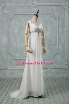 White Straps Lace Up Beading Wedding Gowns Brush Train Sleeveless