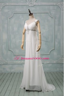 White Straps Lace Up Beading Wedding Gowns Brush Train Sleeveless