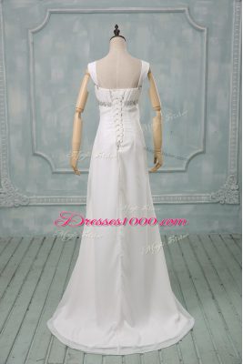 White Straps Lace Up Beading Wedding Gowns Brush Train Sleeveless