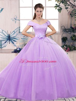 Floor Length Lace Up 15th Birthday Dress Lavender for Military Ball and Sweet 16 and Quinceanera with Lace and Hand Made Flower