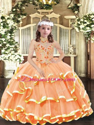 Orange Ball Gowns Organza Halter Top Sleeveless Appliques and Ruffled Layers Floor Length Lace Up Pageant Gowns