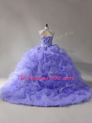 Adorable Lavender Sweet 16 Dress Organza Court Train Sleeveless Beading and Pick Ups