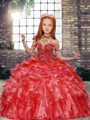 High-neck Sleeveless Lace Up Little Girls Pageant Dress Wholesale Red Organza