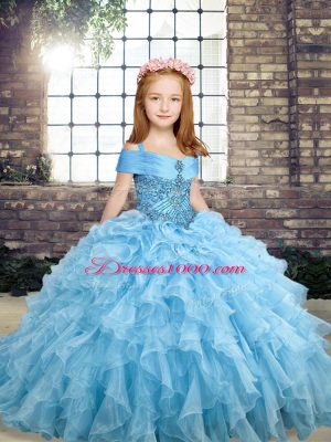 High Quality Blue Ball Gowns Organza Straps Sleeveless Beading and Ruffles Floor Length Lace Up Pageant Dress