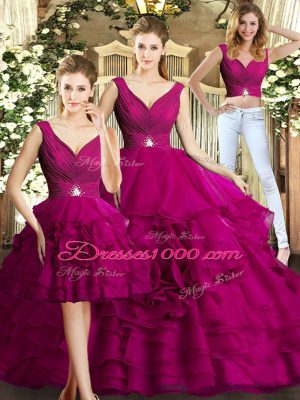 Sweet Floor Length Backless Sweet 16 Quinceanera Dress Fuchsia for Military Ball and Sweet 16 and Quinceanera with Beading and Ruffles
