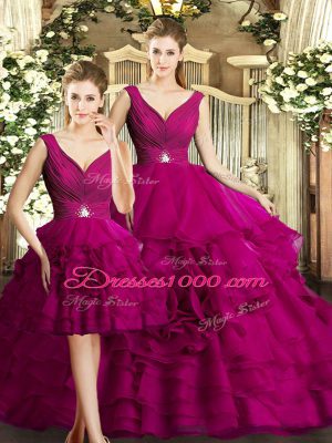 Sweet Floor Length Backless Sweet 16 Quinceanera Dress Fuchsia for Military Ball and Sweet 16 and Quinceanera with Beading and Ruffles