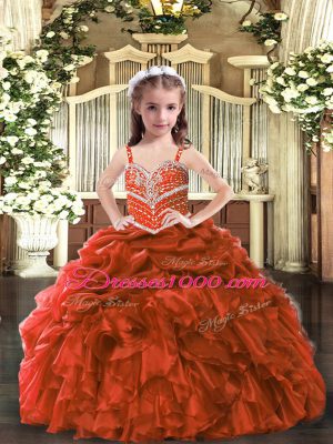 Top Selling Rust Red Straps Lace Up Beading and Ruffles Winning Pageant Gowns Sleeveless