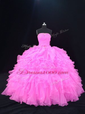 Strapless Sleeveless 15th Birthday Dress Floor Length Beading and Ruffles Pink and Rose Pink Organza