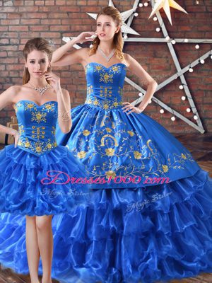 Fabulous Sweetheart Sleeveless Sweet 16 Dress Floor Length Embroidery and Ruffled Layers Blue Organza