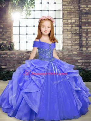 Inexpensive Blue Ball Gowns Straps Sleeveless Organza Floor Length Lace Up Beading and Ruffles Party Dress for Toddlers