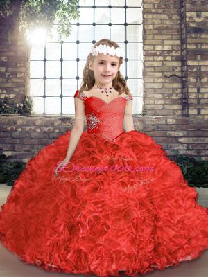 Stylish Red Straps Neckline Beading Pageant Dress for Teens Sleeveless Lace Up