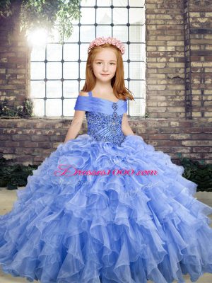 Inexpensive Blue Lace Up Little Girls Pageant Dress Wholesale Beading and Ruffles Sleeveless Floor Length