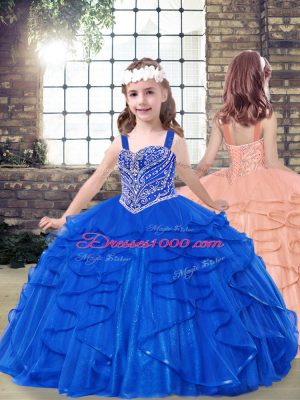 Royal Blue Tulle Lace Up Girls Pageant Dresses Sleeveless Floor Length Beading and Ruffles