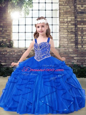 Royal Blue Tulle Lace Up Girls Pageant Dresses Sleeveless Floor Length Beading and Ruffles