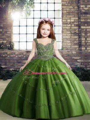 Green Tulle Lace Up Straps Sleeveless Floor Length Custom Made Pageant Dress Beading