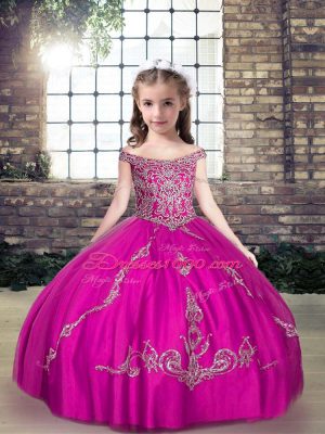 Fuchsia Tulle Lace Up Little Girls Pageant Dress Sleeveless Floor Length Beading and Appliques