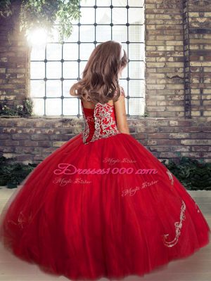 Fuchsia Tulle Lace Up Little Girls Pageant Dress Sleeveless Floor Length Beading and Appliques