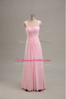 Sleeveless Chiffon Floor Length Zipper Evening Dress in Baby Pink with Ruching